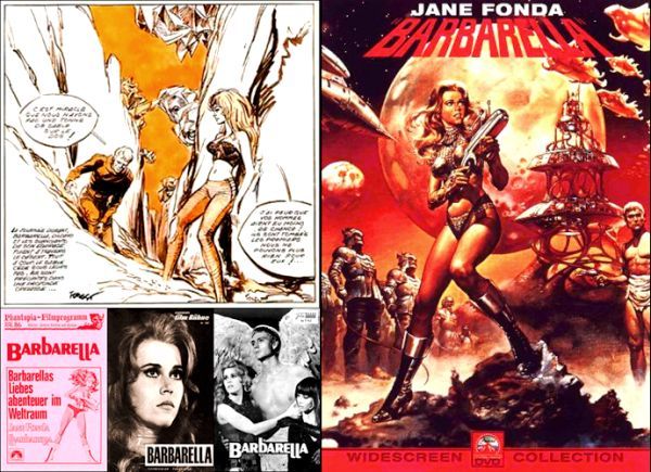 Barbarella - links ein Original von Forest, darunter versch. dt. Filmprogramme zu Barbarella (1968); rechts die dt. DVD.jpg