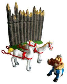 Obelix beim Bankett, zwei wei�e Pferde und eine Palisade